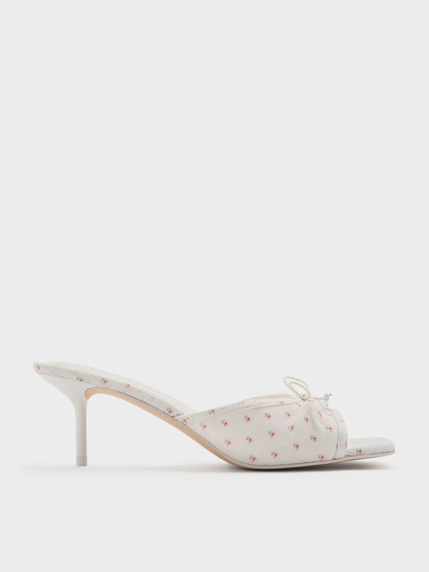 Sadira Floral-Print Ruched Bow Heeled Mules, Multi, hi-res
