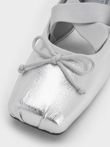 Girls' Metallic Bow Square-Toe Crossover-Strap Ballet Flats, Silver, hi-res