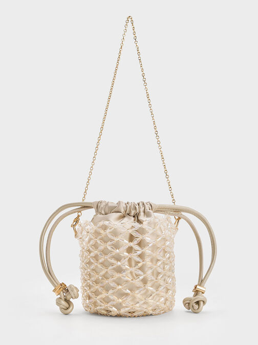 串珠編織水桶包, 香檳色, hi-res