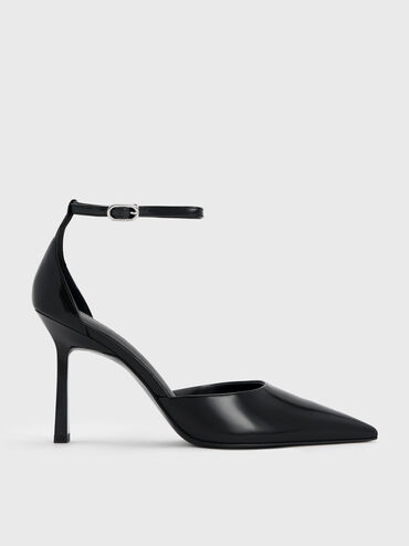 Zapatos de tacón D'Orsay con tira al tobillo y punta puntiaguda, Negro pulido, hi-res
