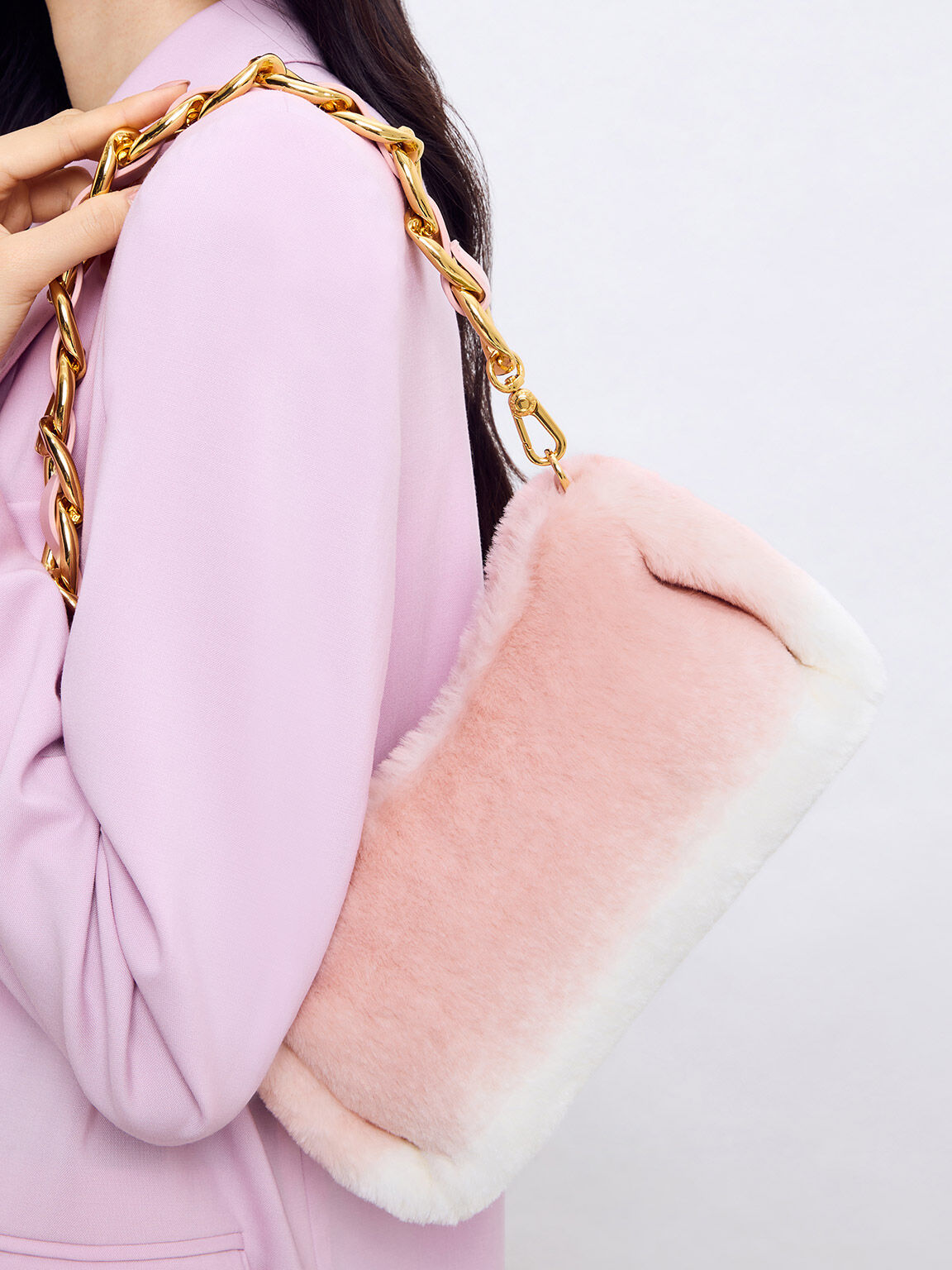 Nezu Chain Handle Furry Hobo Bag, Light Pink, hi-res