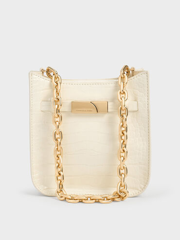 Bolso cruzado Aurelia con efecto cocodrilo y detalles met�licos, Crema, hi-res