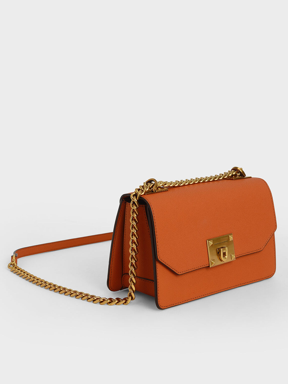 Metallic Push-Lock Crossbody Bag, Orange, hi-res
