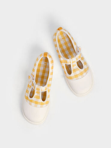 Zapatos de niña de lino con tira delantera y estampado de vichy, Amarillo, hi-res