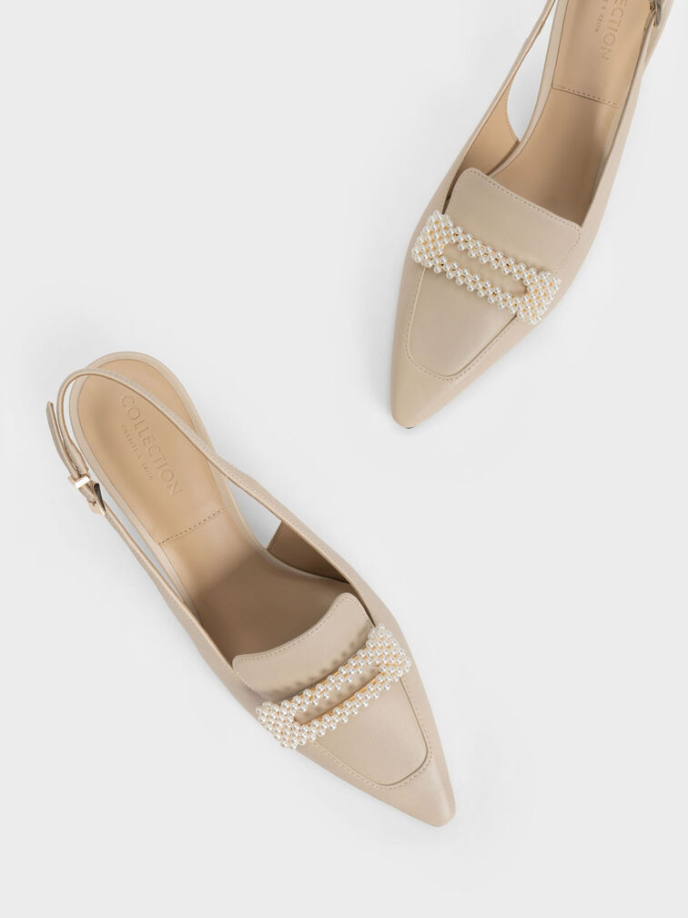 Leather Beaded Slingback Pumps, Beige, hi-res