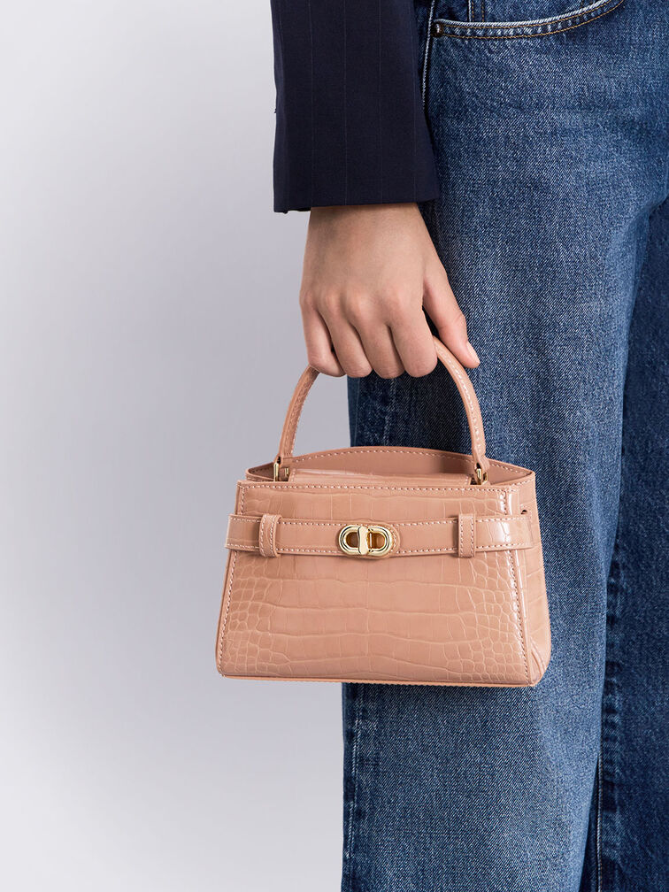 Blush Aubrielle Croc-Effect Top Handle Bag | CHARLES & KEITH