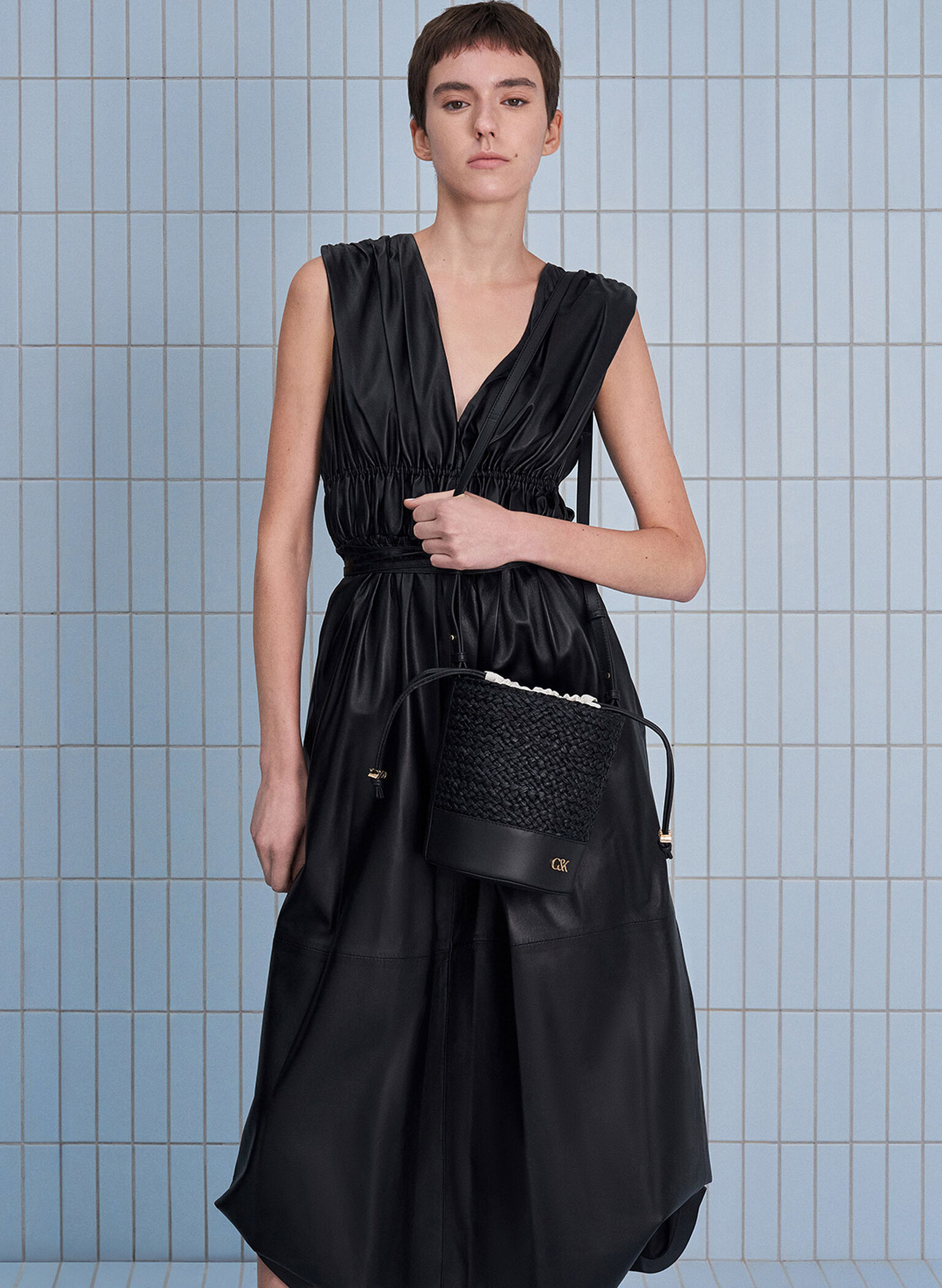 Leather & Raffia Bucket Bag, Black, hi-res