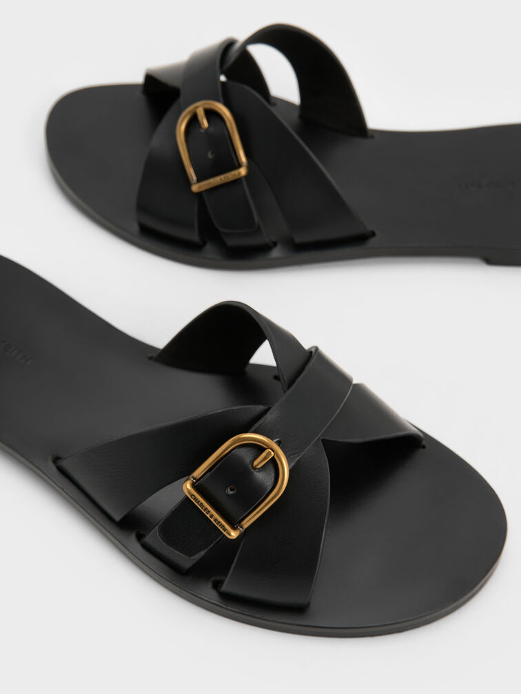Belted Slide Sandals, Black, hi-res