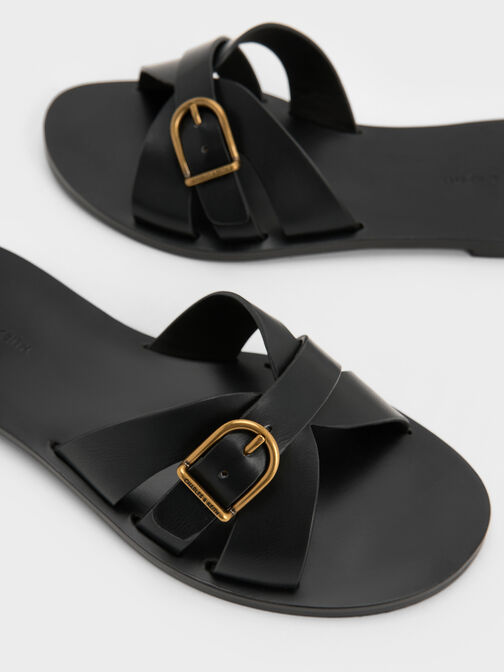 Belted Slide Sandals, Black, hi-res
