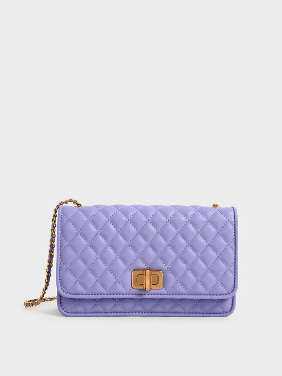 Quilted Turn-Lock Evening Clutch, Lilac, hi-res