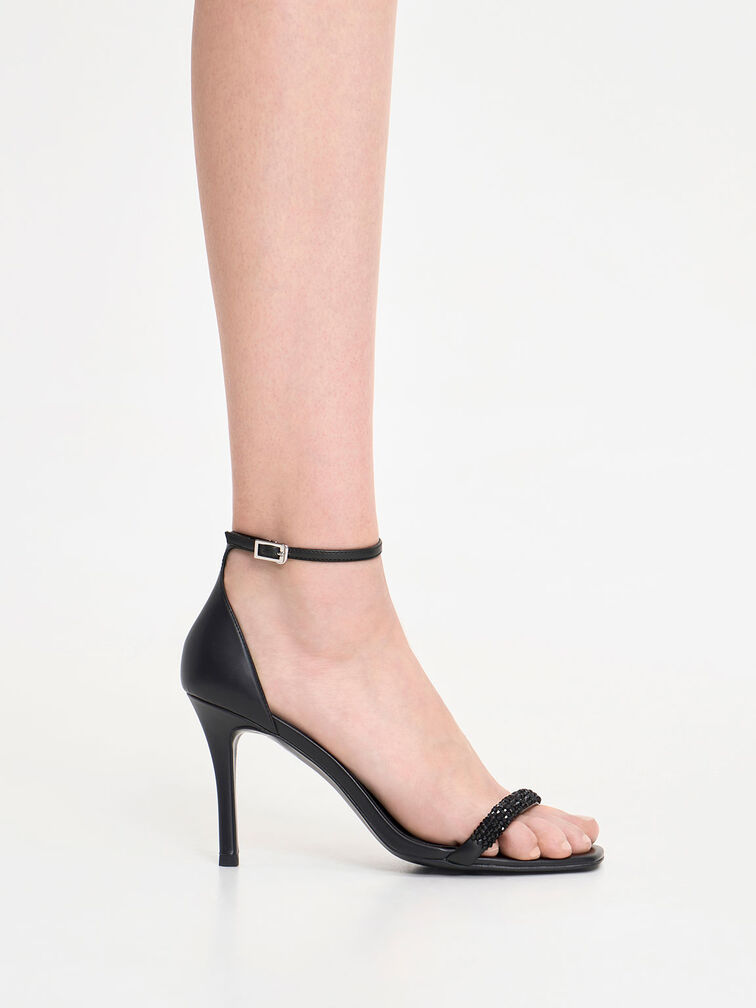 Beaded Strap Heeled Sandals, Black, hi-res