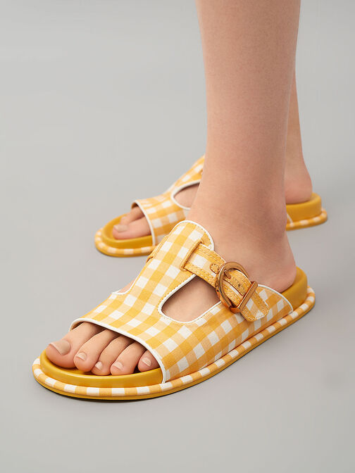 Cut-Out Linen Gingham-Print Buckled Slides, Yellow, hi-res