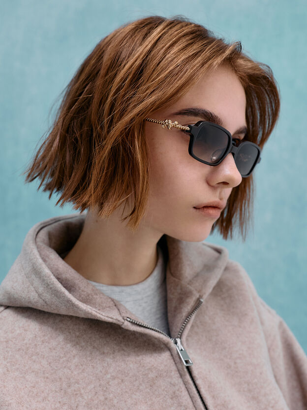 Gafas de sol Sable con montura rectangular y detalle de nudos, Negro, hi-res