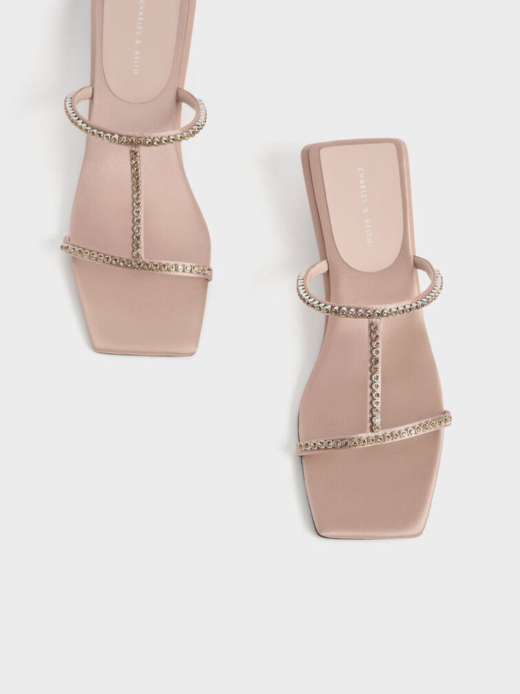 Recycled Polyester Gem-Embellished Mules, Beige, hi-res