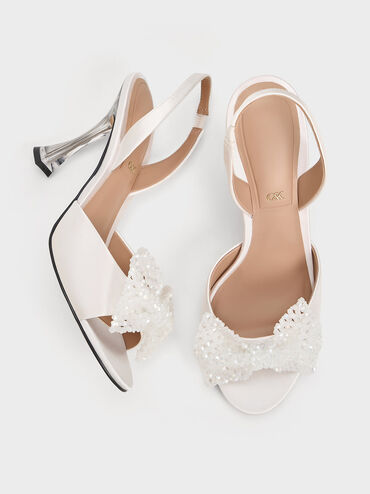 Recycled Polyester Beaded Bow Slingback Pumps, White, hi-res