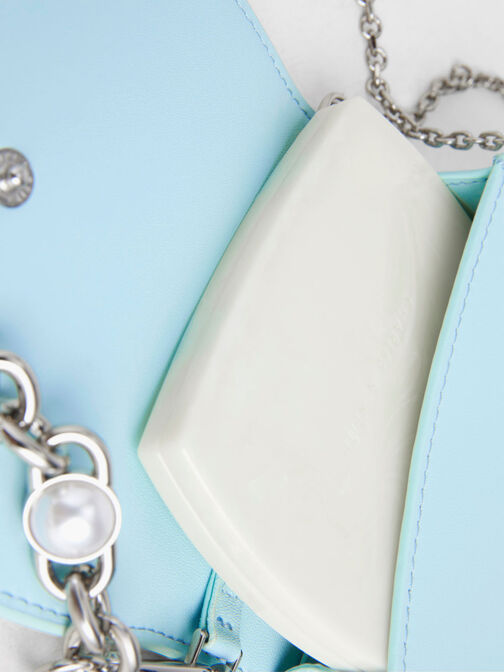 Chain Handle Checkered Vanity Pouch, Light Blue, hi-res