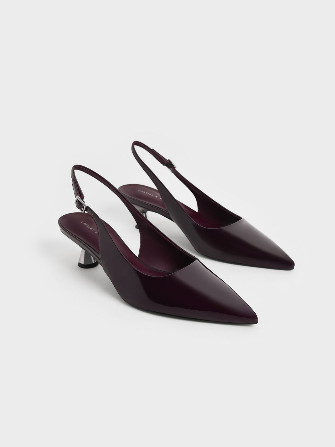 Zapatos Destalonados de Charol con Tacón Tipo Carrete, Maroon, hi-res