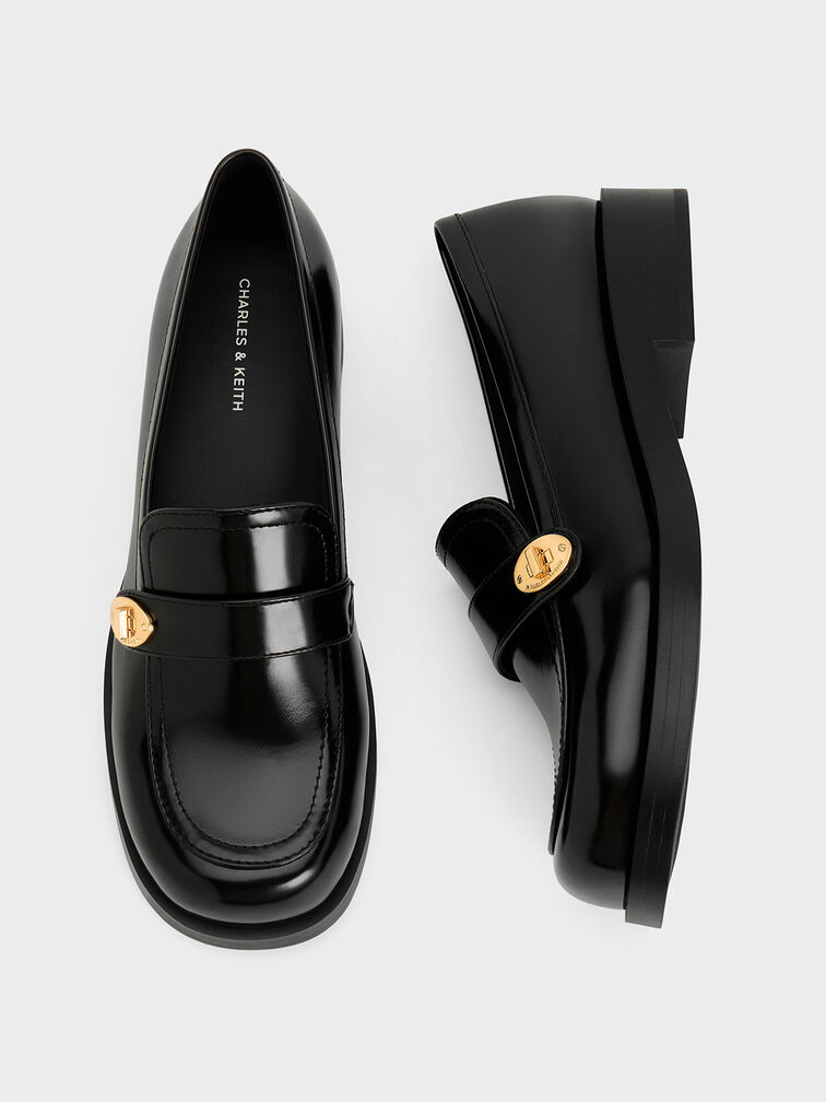 Metallic-Buckle Strap Loafers, Black Box, hi-res