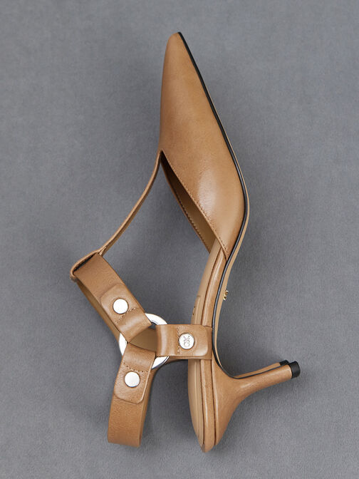 Leather Buckled T-Bar Pumps, Taupe, hi-res
