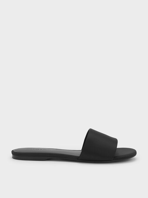 Satin Slide Sandals, Black Textured, hi-res