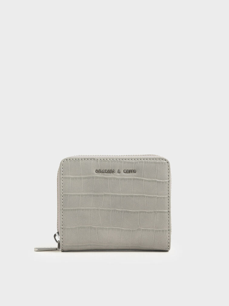 Croc-Effect Small Zip-Around Wallet, Light Grey, hi-res