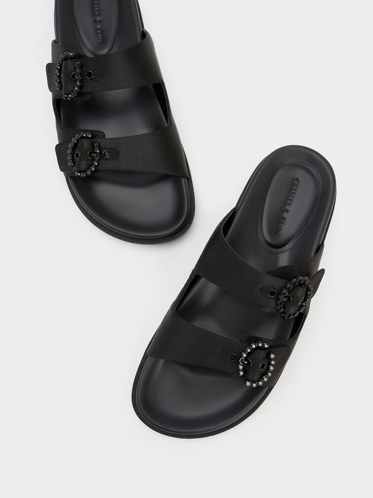 Embellished Buckle Recycled Polyester Sandals, Black, hi-res
