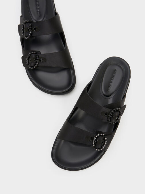 Embellished Buckle Recycled Polyester Sandals, Black, hi-res