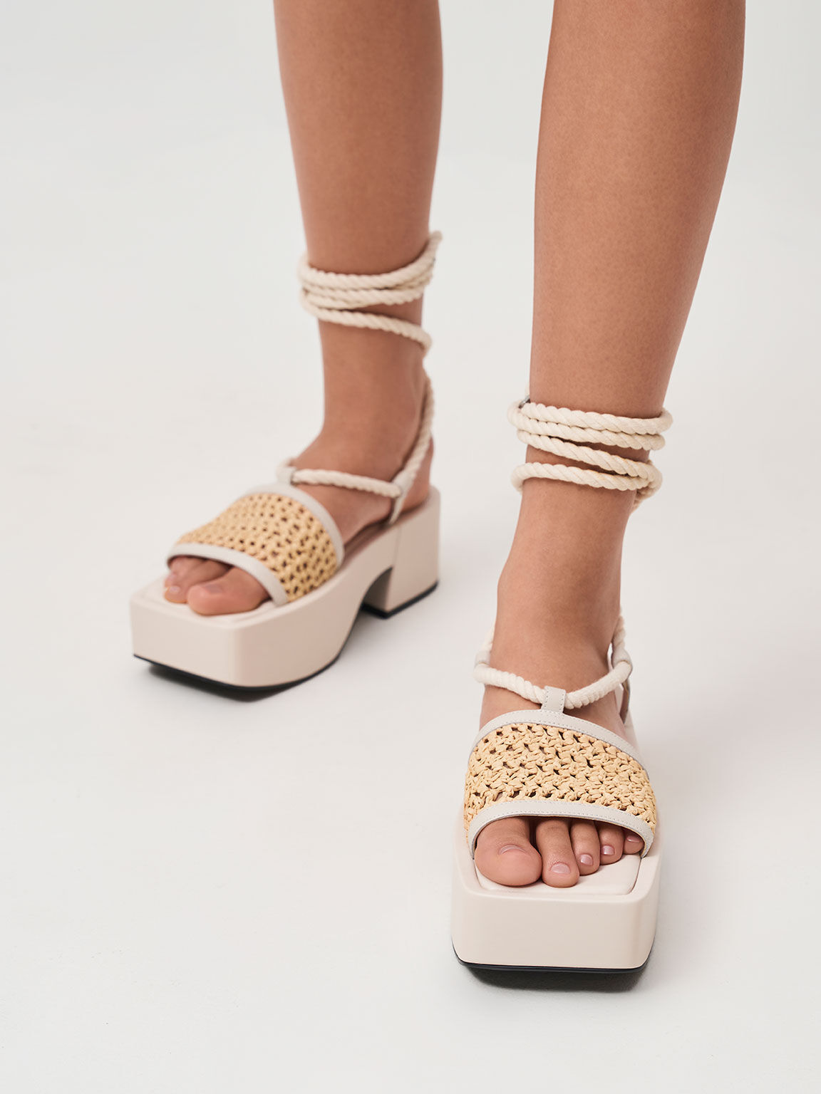 Micah Raffia & Leather Tie-Around Flatforms, Chalk, hi-res