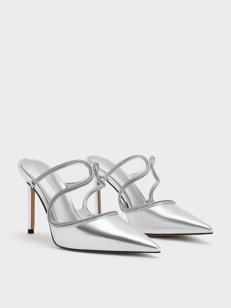 Metallic Braided-Strap Stiletto-Heel Mules, Silver, hi-res