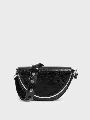 Croc-Effect Semi-Circle Crossbody Bag, Black, hi-res