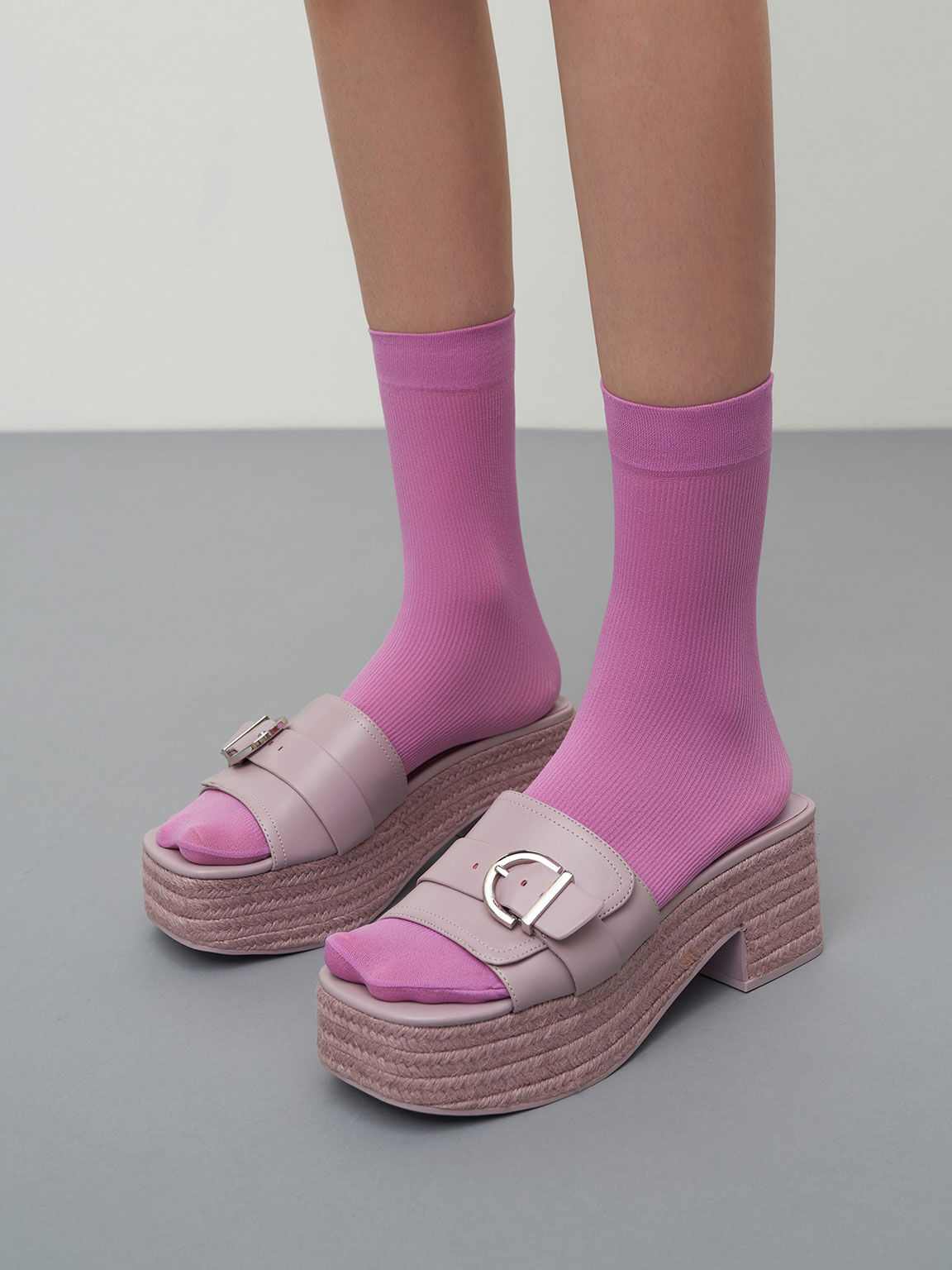 金屬釦編織楔型拖鞋, 紫丁香色, hi-res