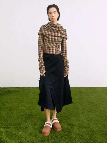 Hannah Textured Fur-Trim Buckled Mules, Brown, hi-res