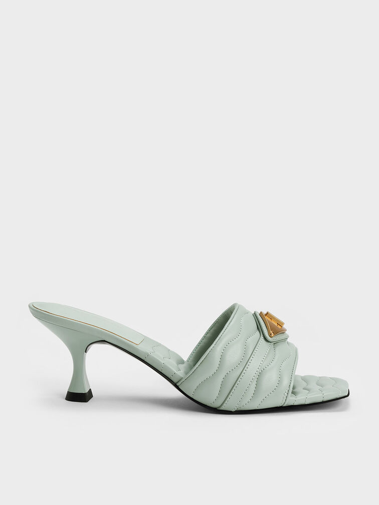 Metallic Accent Padded Heeled Mules, Mint Green, hi-res