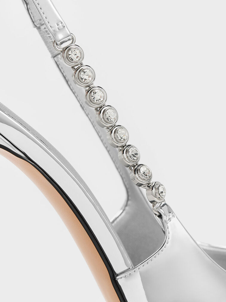 Flores Metallic Gem-Strap Slingback Pumps, Silver, hi-res