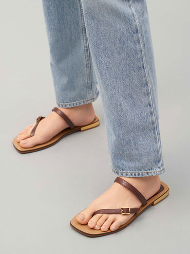 Snake-Print Asymmetric Strap Thong Sandals, Animal Print Brown, hi-res