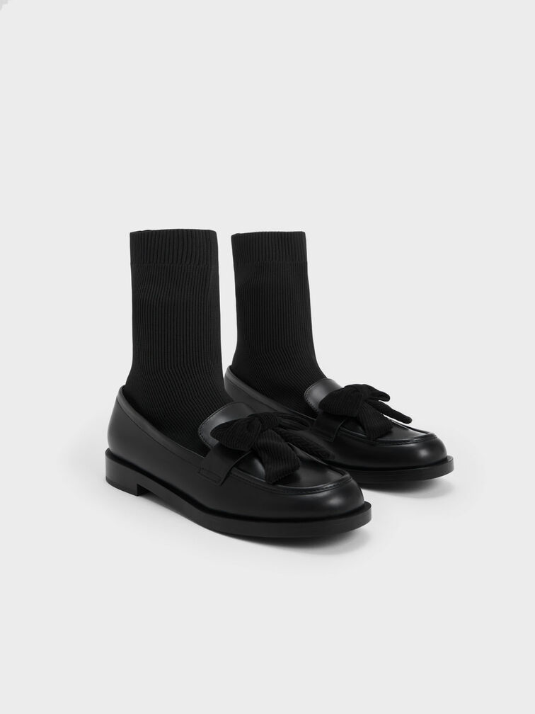 Botas tipo mocasín estilo calcetín de punto con lazo, Negro, hi-res