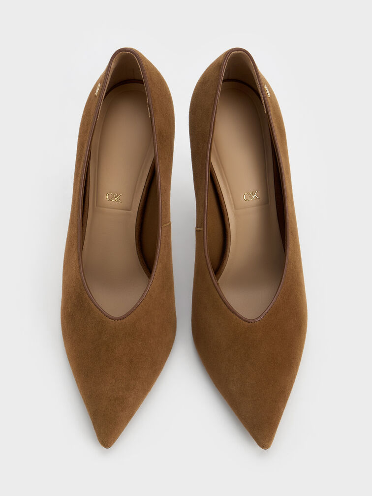 Leather & Suede Pointed Pumps, Brown, hi-res