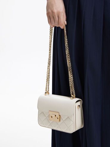 Quilted Push-Lock Chain-Handle Bag, Ivory, hi-res