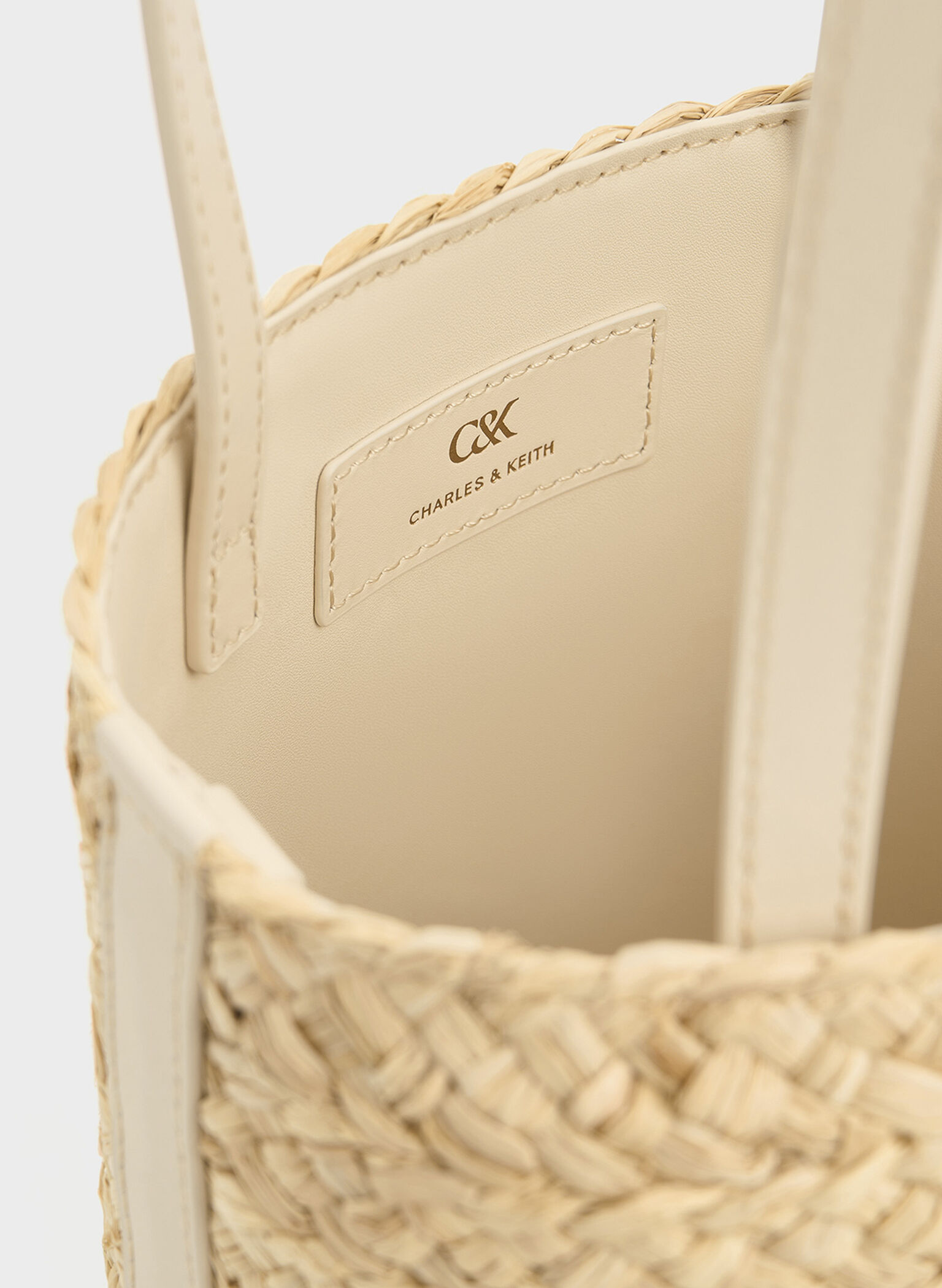 Leather & Raffia Bucket Bag, Beige, hi-res
