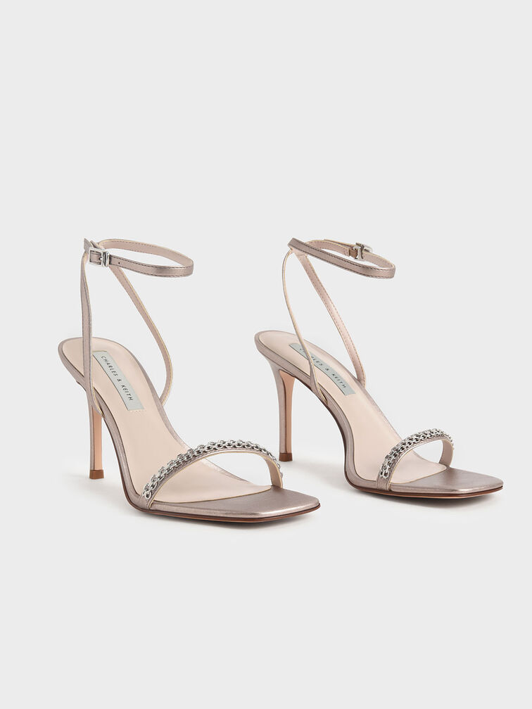 Metallic Accent Ankle-Strap Stiletto Sandals, Bronze, hi-res
