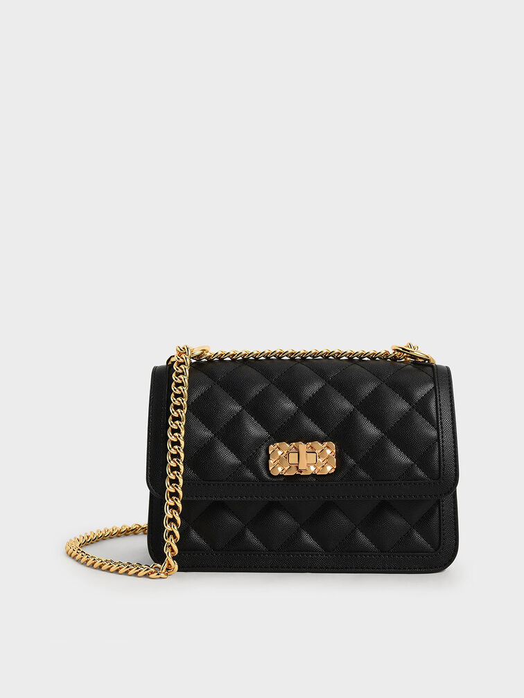 Micaela Quilted Chain Bag, Black, hi-res