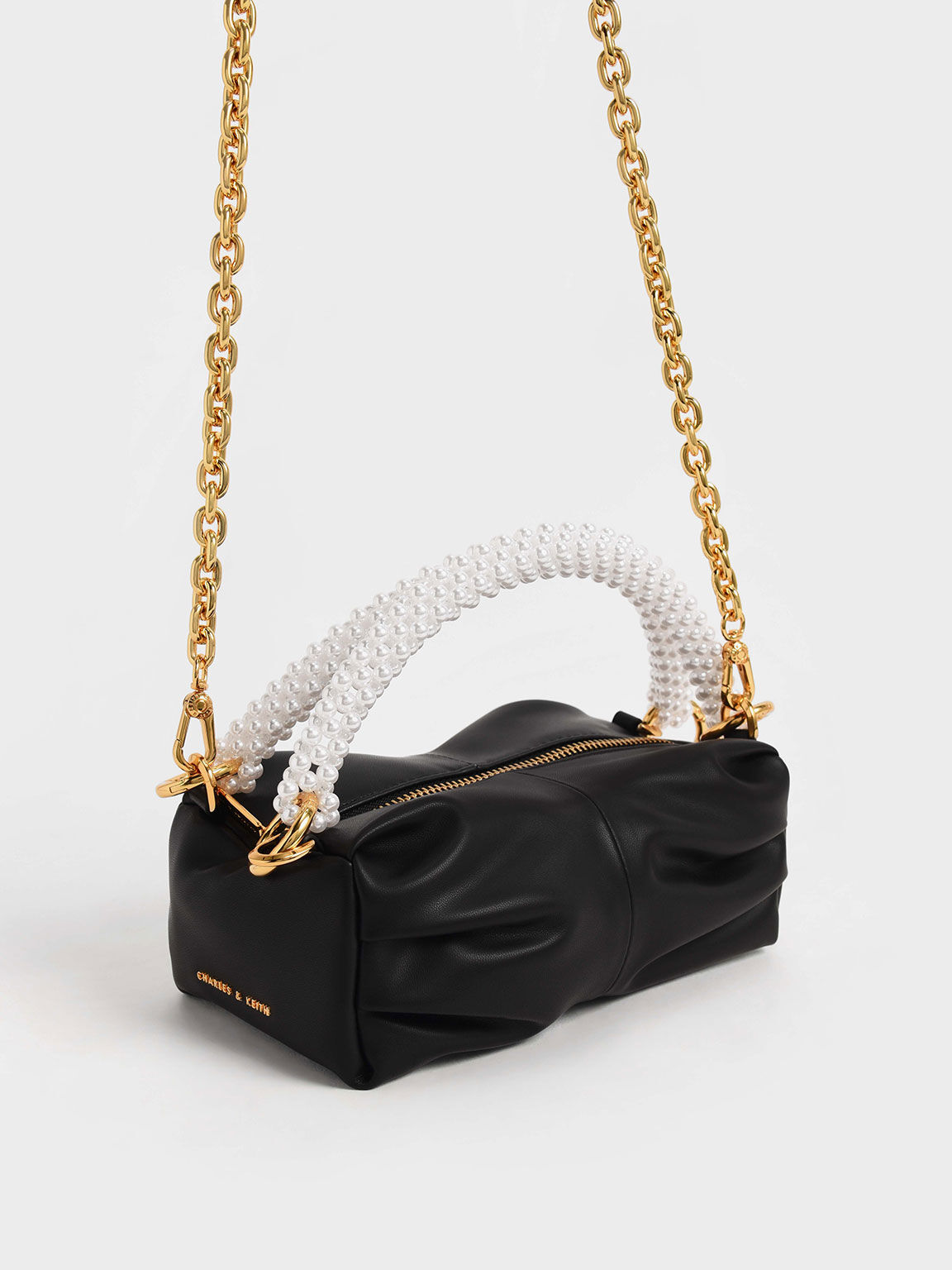 Beaded Handle Ruched Shoulder Bag, Black, hi-res