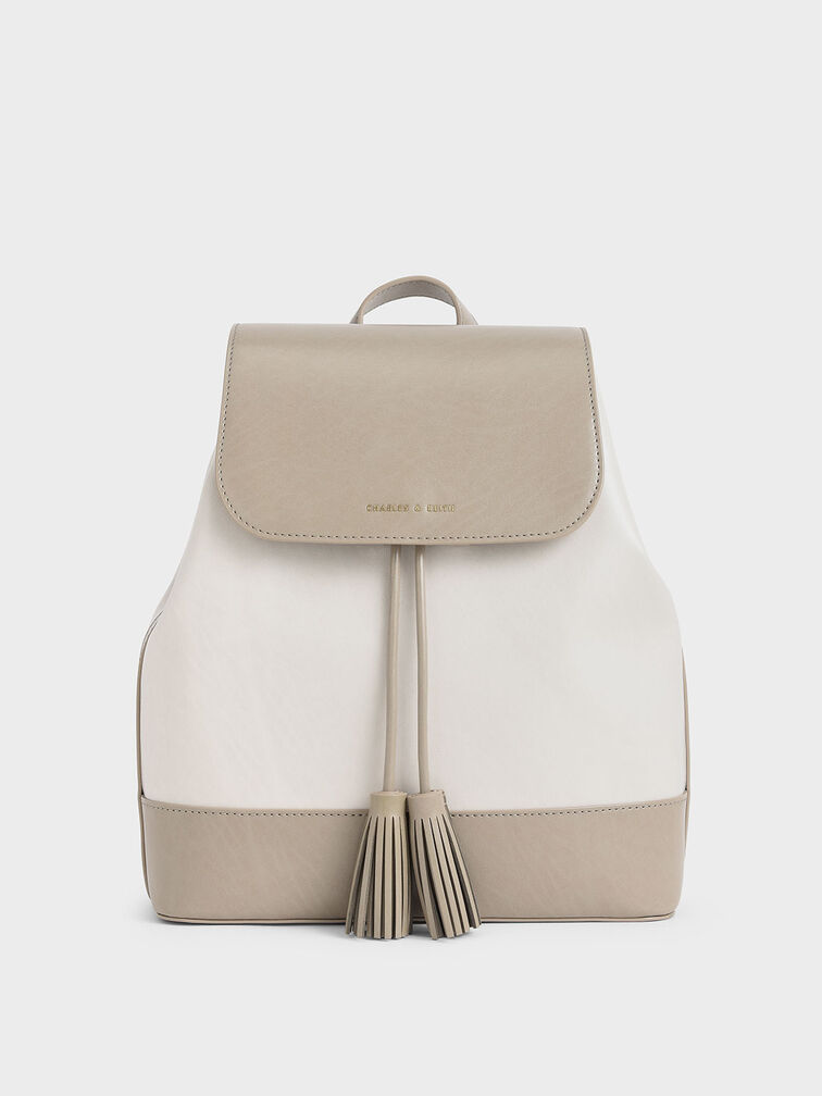 Genevieve Two-Tone Printed Tassel Backpack, Light Grey, hi-res