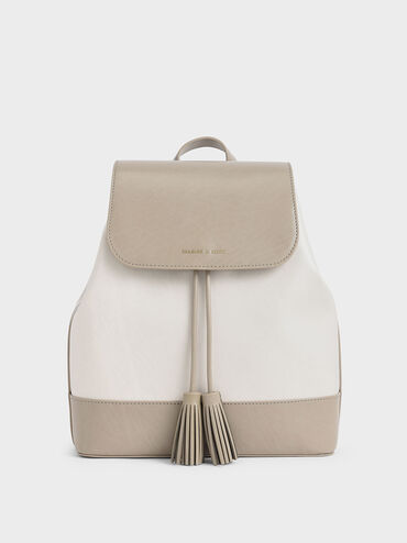 Genevieve Two-Tone Printed Tassel Backpack, Light Grey, hi-res