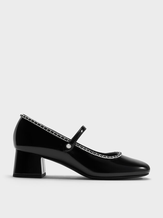 Zapatos de sal&oacute;n tipo mercedita con tac&oacute;n cuadrado y detalle de cadena trenzada, Negro pulido, hi-res