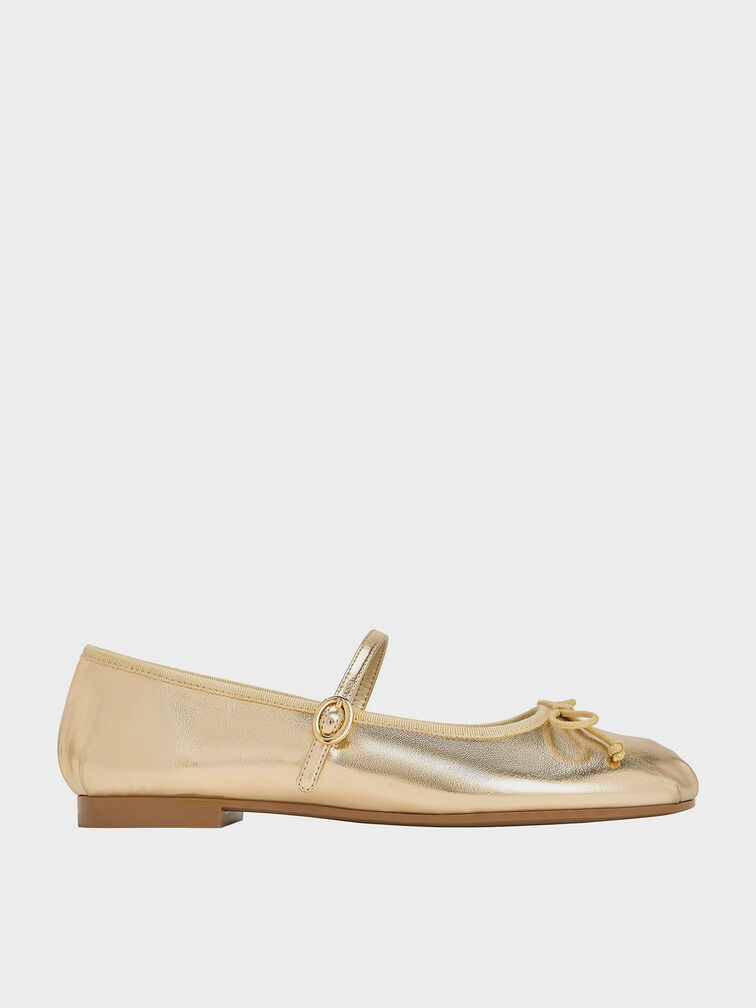 Emiko Metallic Bow Mary Jane Flats, Light Gold, hi-res