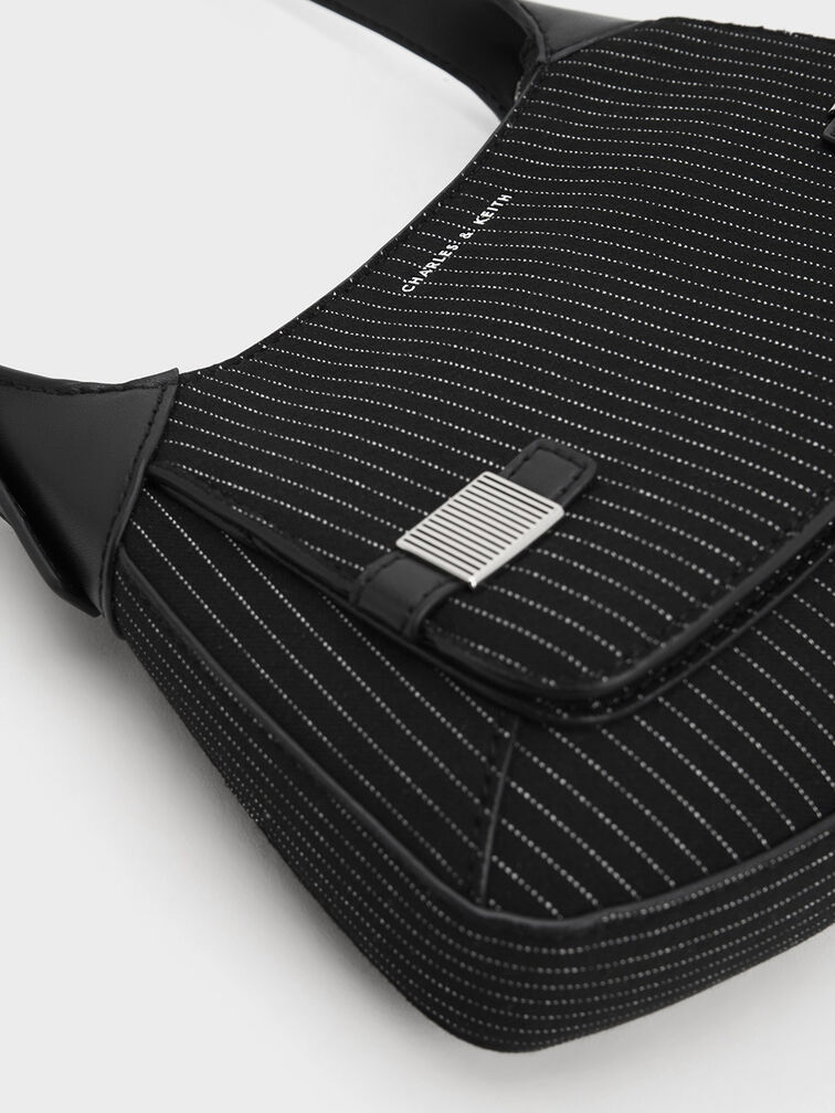 Striped Metallic-Accent Curved Shoulder Bag, Dark Grey, hi-res