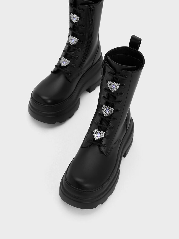 Heart-Embellished Lace-Up Platform Boots, Black, hi-res