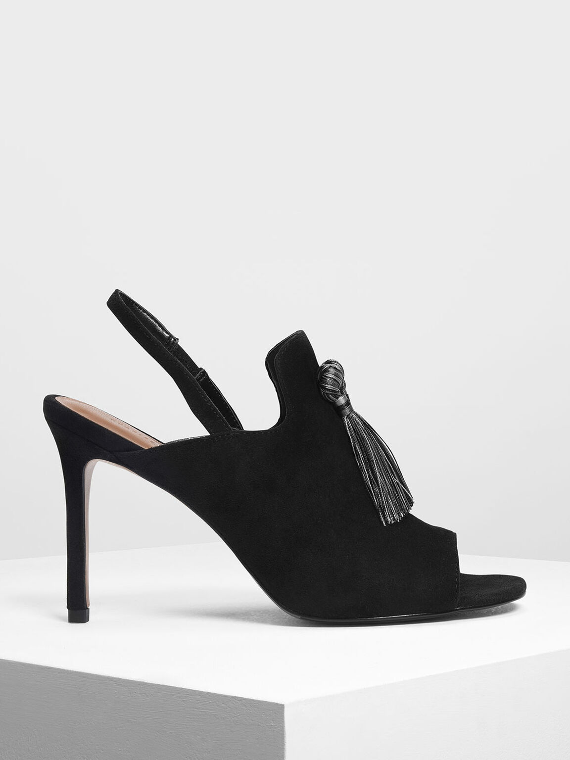 Textured Tassel Slingback Heels, Black, hi-res