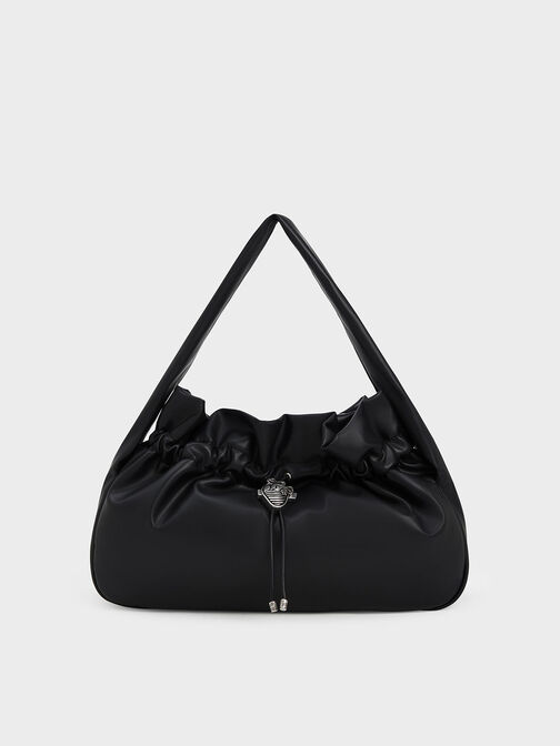 Illustrated Heart Charm Ruched Hobo Bag, Black, hi-res